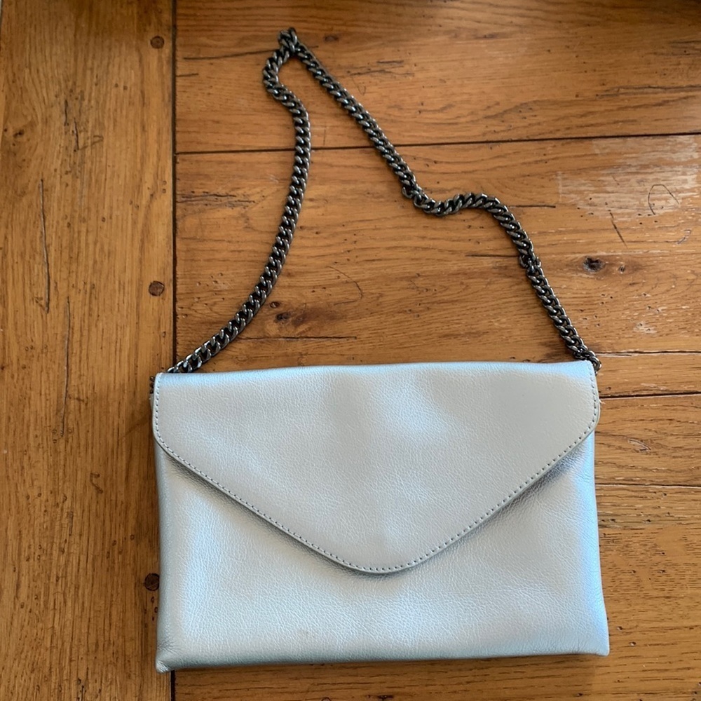 J. Crew Envelope Clutch Bag Convertible Shoulder Chain Silver Metallic Leather